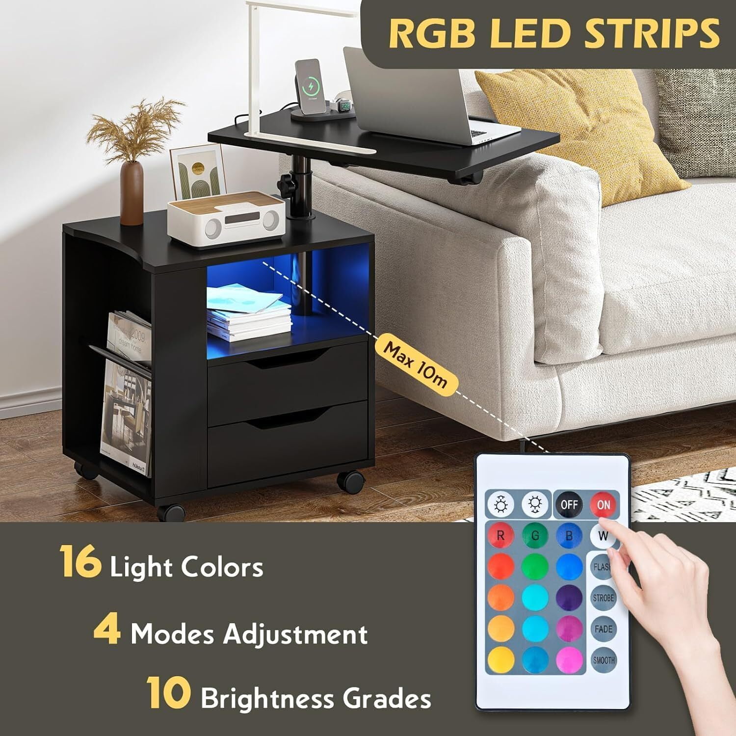 Soges Nightstand with Drawers and LED Lights, Bedside Table with Lamp, USB Charging Ports, Height Adjustable Side Table with Wheels, Rolling End Table Overbed Table, Black