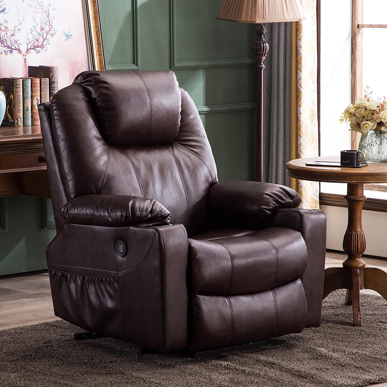 Mcombo Electric Power Recliner Chair with Massage and Heat, Extended Footrest, USB Ports, 2 Side Pockets, Cup Holders, Faux Leather 8015 (Dark Brown)