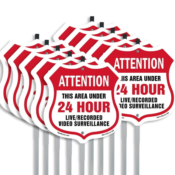 24 Hour Surveillance Shield Sign Video Surveillance Trespassers Will Be Prosecuted (10 Pack) 12 inch X 12 inch Shield Shaped Rust-Free Aluminum Metal Signs with Aluminum Mounting Stakes