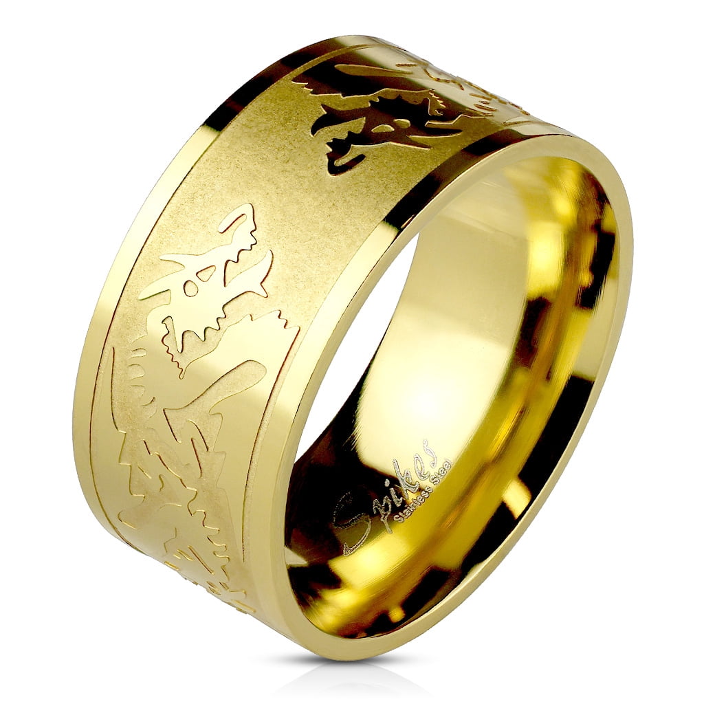 Spikes 10mm Dragons Etched Gold IP Band Ring 316L
