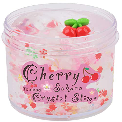 7oz Non Sticky Premade Crystal Slime Super Soft Jelly Clay for Girl Boy DIY Mud Bubble Slime Stretchy Putty Kids Gift Cherry Clear Slime Crystal with Glittering Mermaid Candy Sakura Fimo Slices 