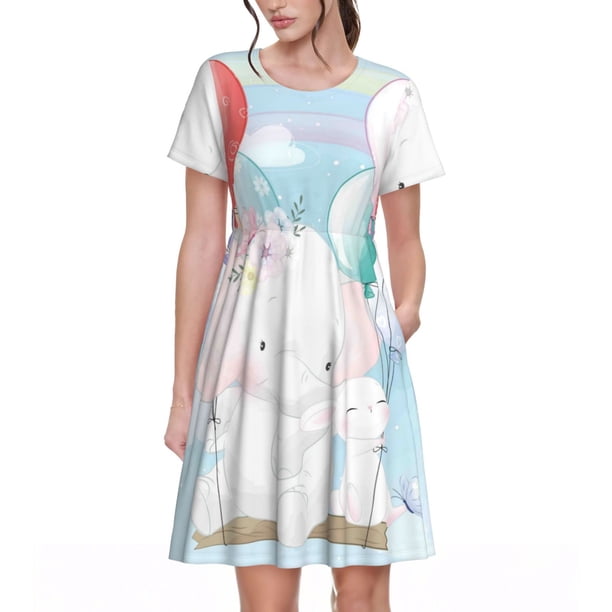 Disketp Cute Elephant para Vestido de Manga Corta para Mujeres, Vestidos de Verano para Mujeres, Casual y Holgado para la Playa