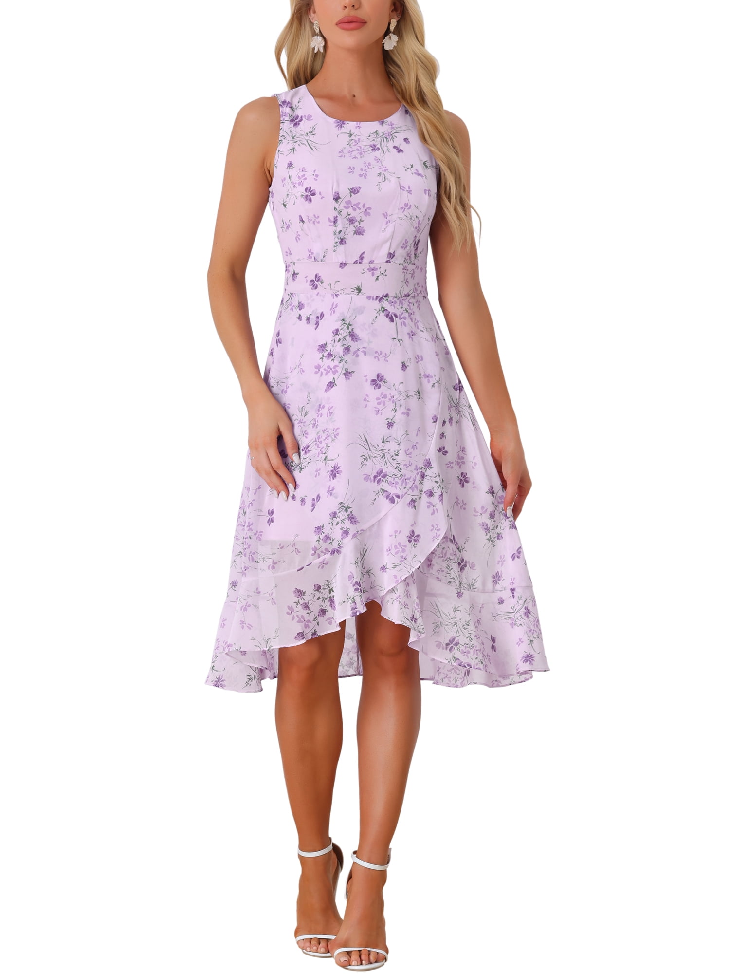 Women's Summer Dresses 2025 Wrap Ruffle High Low Hem Round Neck Keyhole Back Sleeveless Floral Dress L Purple