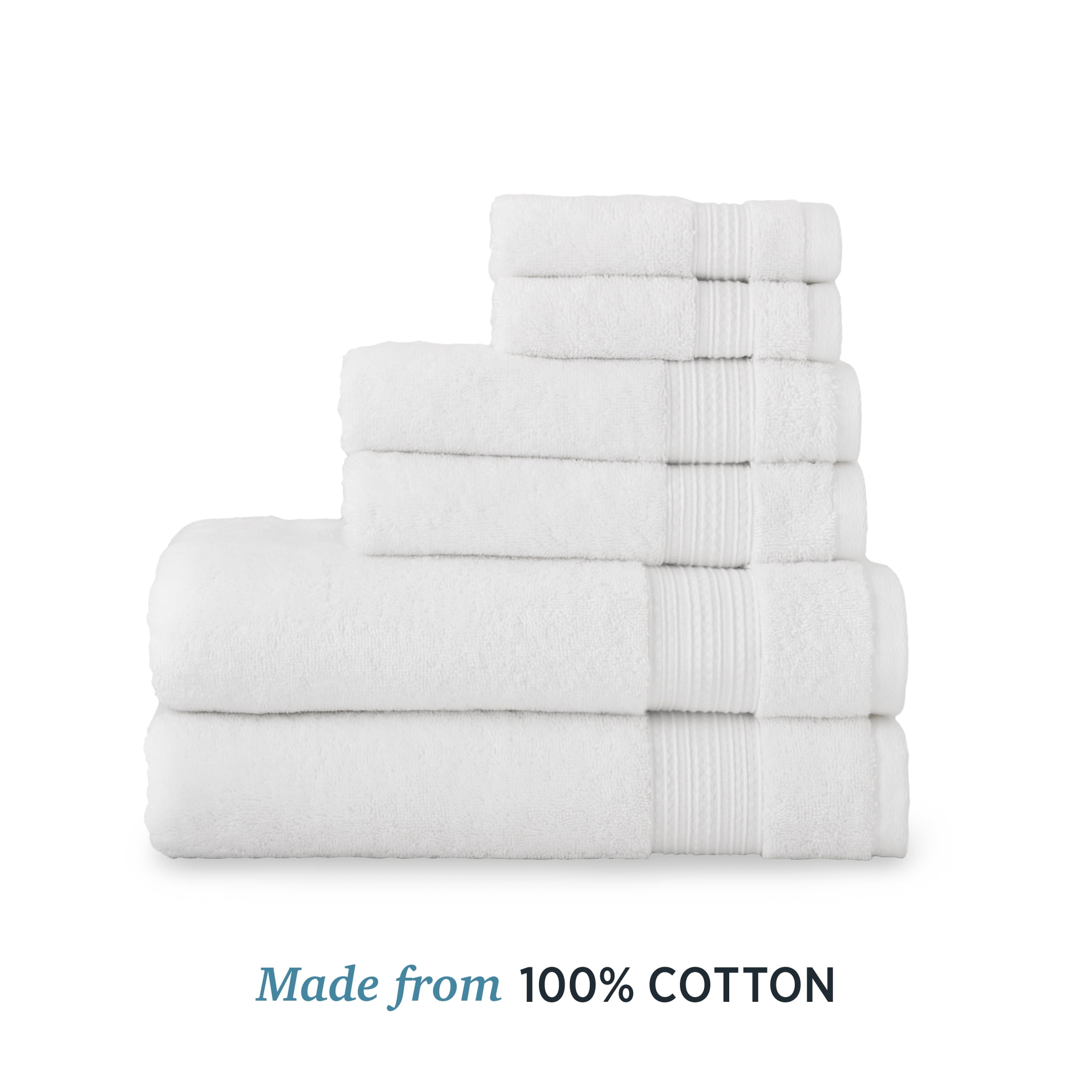 WelHome Large 100% Cotton Towel Set, White, 2 Bath Towels, 2 Hand Towels, 2 Washcloths