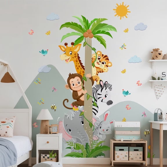 Jungle Animals Wall Stickers, Coconut tree decals, forest animal decals Vinyl Decal for Kids Room, Waterproof, Includes Monkey, Giraffe, Tiger, Zebra, Elephant