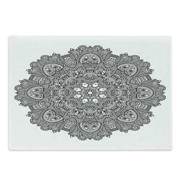 Lotus Cutting Board, Ornamental Mandala with Lace Pattern Featured Mixed Flower Petals Folk Design, Decorative Tempered Glass Cutting and Serving Board, Large Size, Black White, by Ambesonne