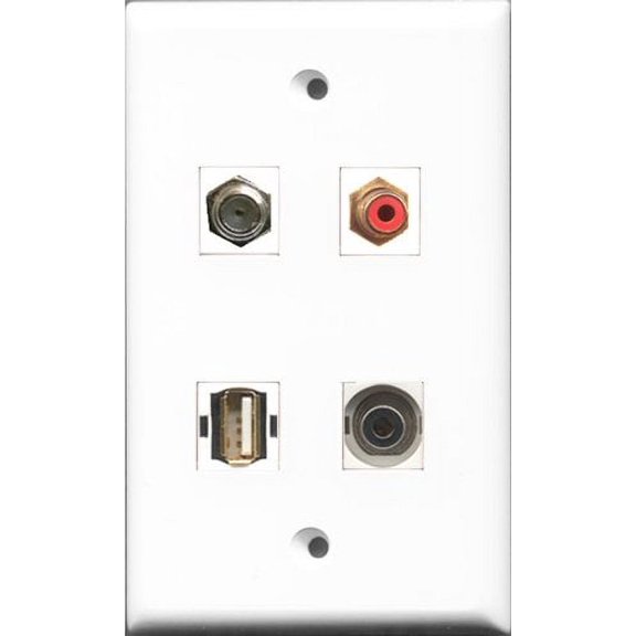 RiteAV 1 Port RCA Red and 1 Port Coax Cable TV- F-Type and 1 Port USB A-A and 1 Port 3.5mm Wall Plate