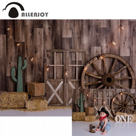 Allenjoy Barn Wooden Floor Smash Cake Photography Backdrops Western Cowboy Child Birthday Photocall r Brown Photobooth Vinyl