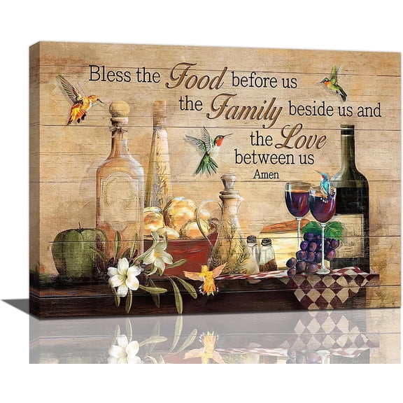 Red Wine Wall Art Rustic Kitchen Pictures Wall Decor Vintage Blessed Christian Canvas Farmhouse Hummingbirds Painting Prints Framed Artwork for Kitchen Dining Room Restaurant 12x16""