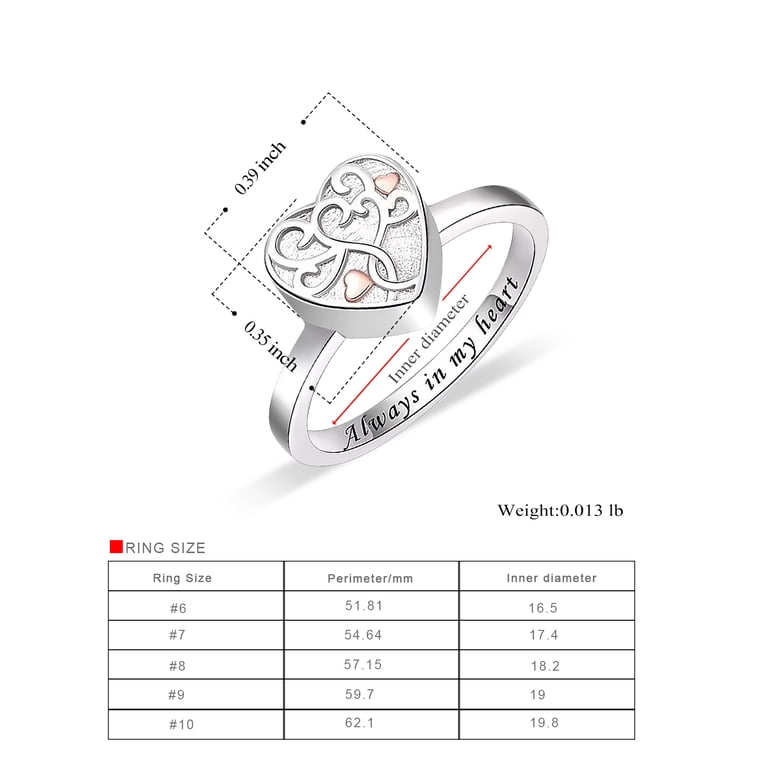 Ladytree S925 Sterling Silver 'Always In My Heart' Cremation Urn Ring - Star Memorial Keepsake Ring, Size 8