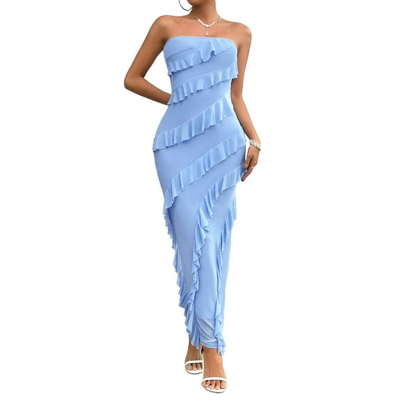 Women'S Sexy- Bodycon Elegant Tube Top Ruffle Maxi Cocktail Party Dresses Blue S