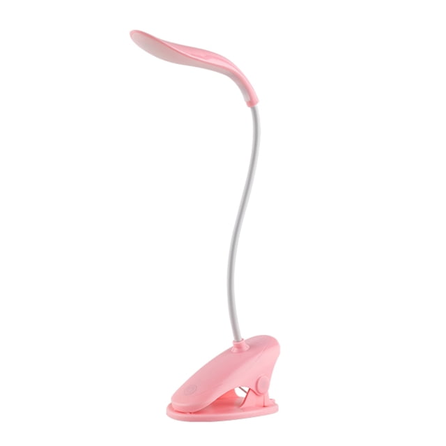 Lámpara LED portátil con clip USB, diseño moderno para estudiantes, 3 niveles de brillo táctil, color rosa, ideal para lectura y cuidado de ojos.