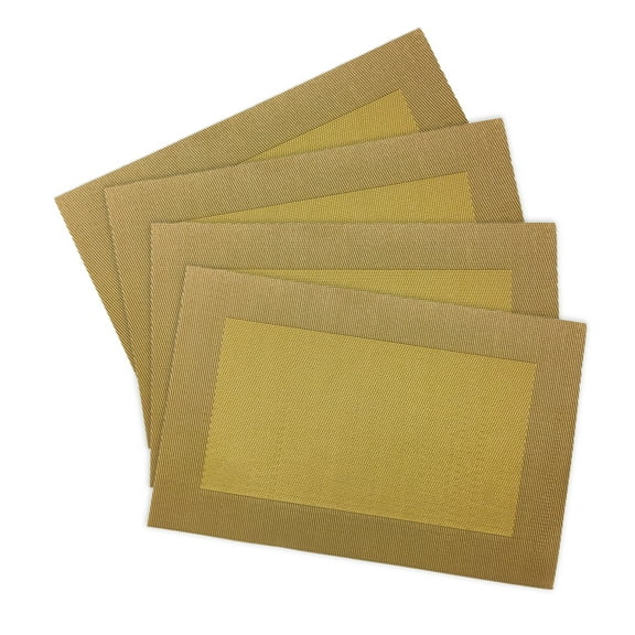 Set of 4 Border Weaved PVC Placemats, 12"x18", Reversible 2-Tone, Gold-Yellow