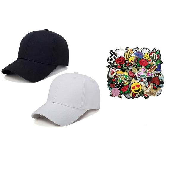 Solid Black and Solid White Baseball Cap Hat with Adjustable Buckle Back, Unisex with 20 Assorted Iron On Patches