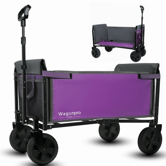 All-in-One Convertible Folding Wagon Cart with Bench Seat and Dog Leash, Heavy Duty Utility Trolley with All Terrain Wheels, Lightweight Shopping Cart for Beach, Garden, Camping, Sport, Purple