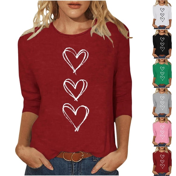VKOYWKM Valentines Day Heart T Shirts for Women 3/4 Sleeve T-Shirts Love Heart Graphic Tees Casual Crew Neck Holiday Blouses Romantic Valentines Day Gifts Shirt