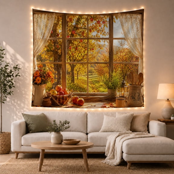 Autumn Orchard Through Rustic Window with Lace Curtains, Nostalgic Farmhouse for Nature Lovers, Harvest Wall Art Decor, Thanksgiving Gift, Tapestry Wall Hanging for Living Room and Bedroom