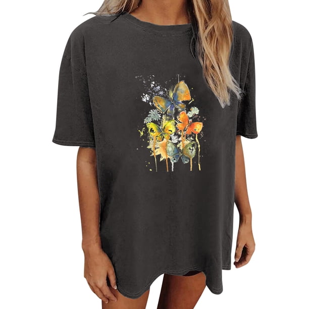 Gibobby Blusa Casual de Mujer Camiseta manga corta suelta con estampado estilo acuarela Color sólido informal para mujer(Gris oscuro,M)