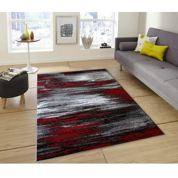 Modern Rugs for Living Room Abstract Soft Plush Red Grey Black Area Rug (5’ 3†X 7’ 5â€)