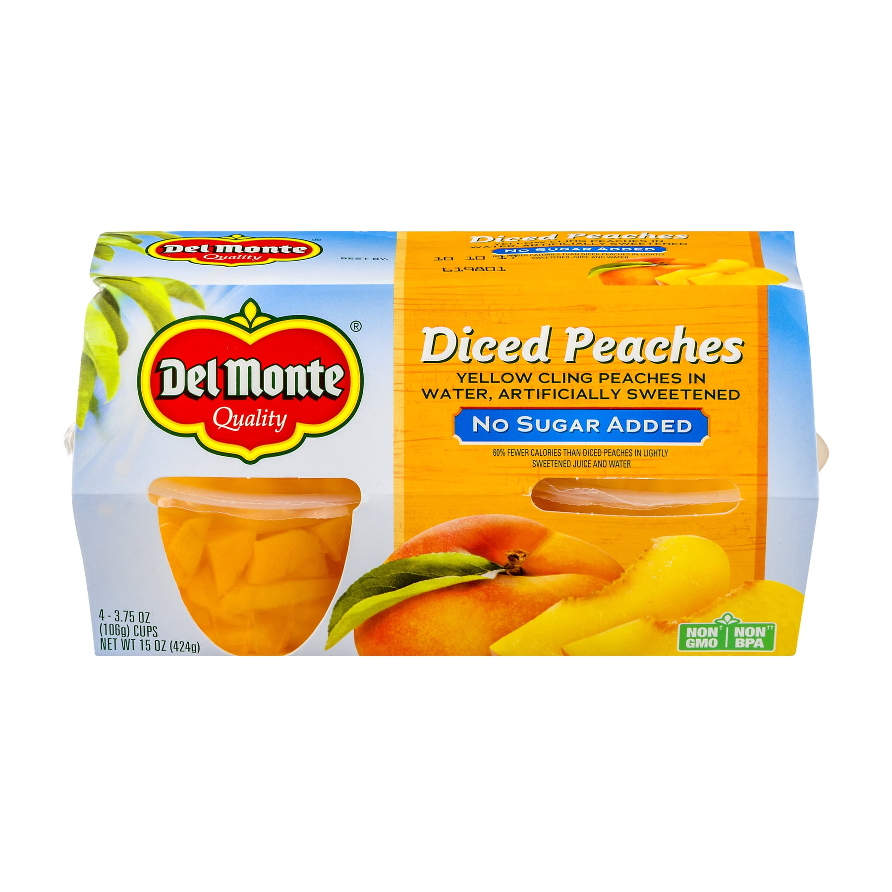 (4 Fruit Cups) Del Monte No Sugar Added Diced Peaches, 3.75 oz fruit