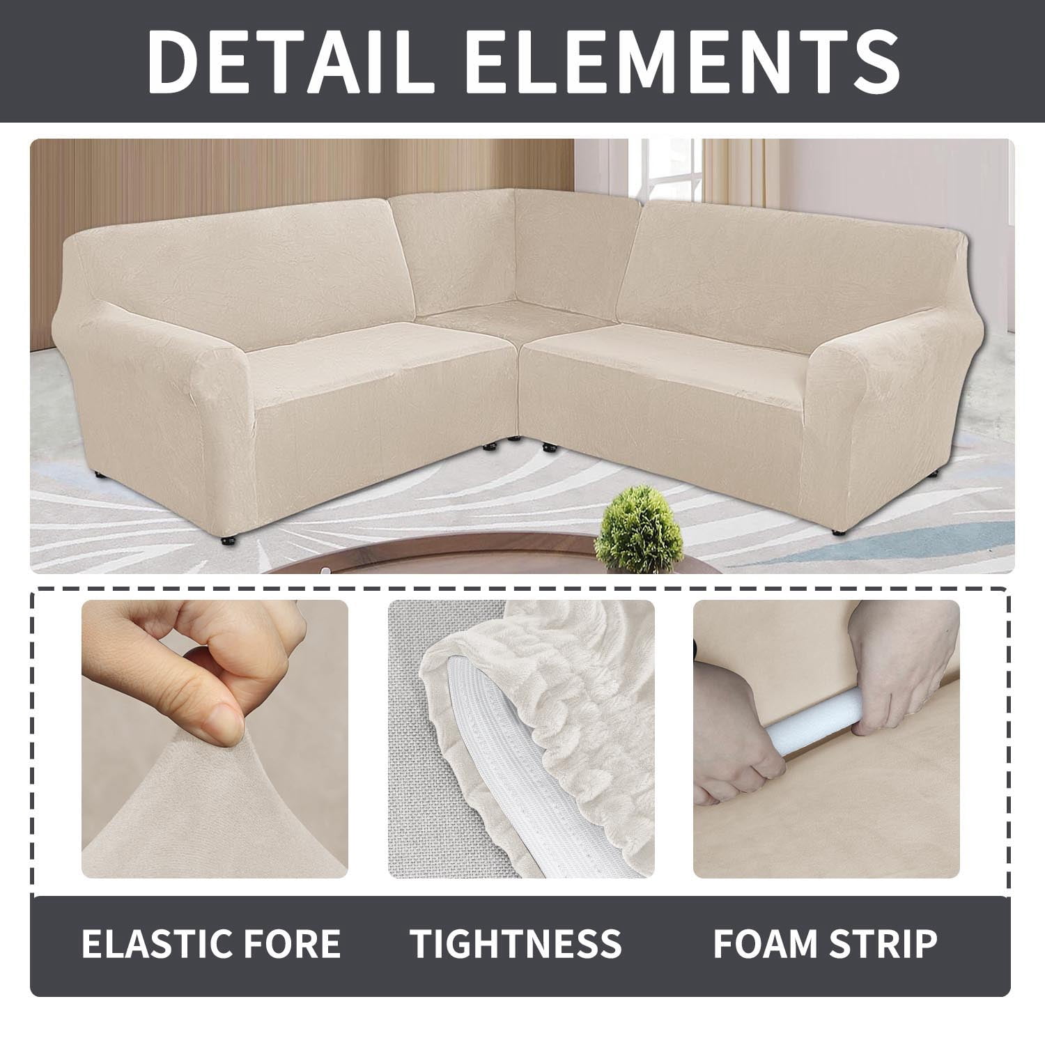 Eurhowing 7-Seater L-Shaped Sofa Cover, Stretch Velvet Soft Couch Slipcover for Sectional Corner Sofa, Non-Slip Furniture Protector, Beige