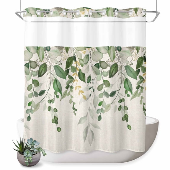 No Hook Shower Curtain, Sage Green Eucalyptus Shower Curtains for Bathroom with See Through Top Window, Farmhouse Weeping Leaves Linen Waterproof & Washable Bath Curtain Long 72"x78"