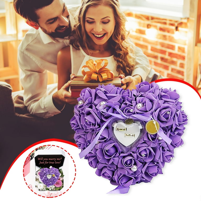 LMTODLFG Purple Wedding Ring Pillow Heart Shape Box Lace Crystal