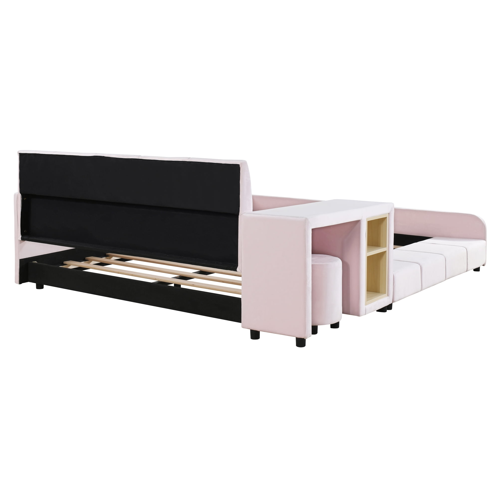Aukfa Full Size Mother & Child Bed Frame, Velvet Upholstered Platform Bed with Bedside Desk & Stool, Grounded Design, Pink