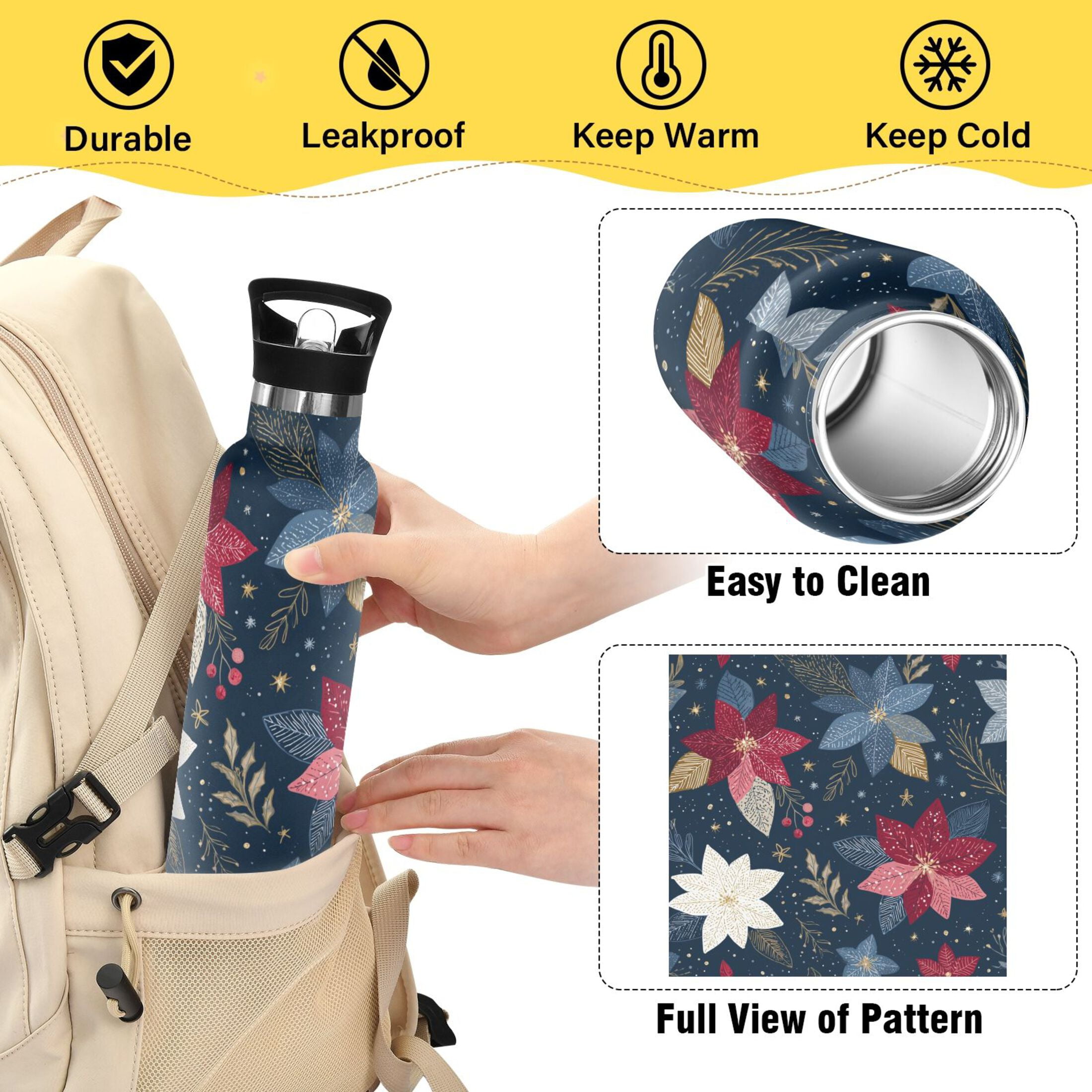 600ML Stainless Steel Insulated Cup Sports Water Bottle Portable Thermos Cup Water Glasses Insulated Tumblers Convenient and Durable Christmas Flowers Are Colorful