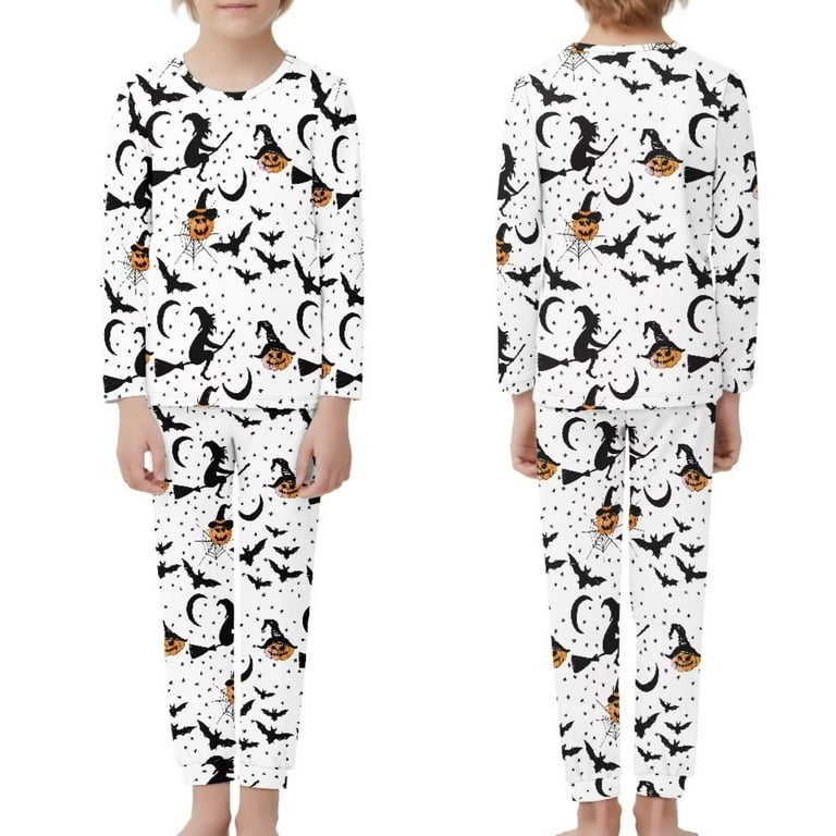 Pzuqiu Comfort Trendy Pajamas for Teen Girls & Boys 9Y-10Y Halloween Skin  Friendly Sleep Suit Set,Pumpkins Witch 2-Pieces Long Sleeve Loungewear