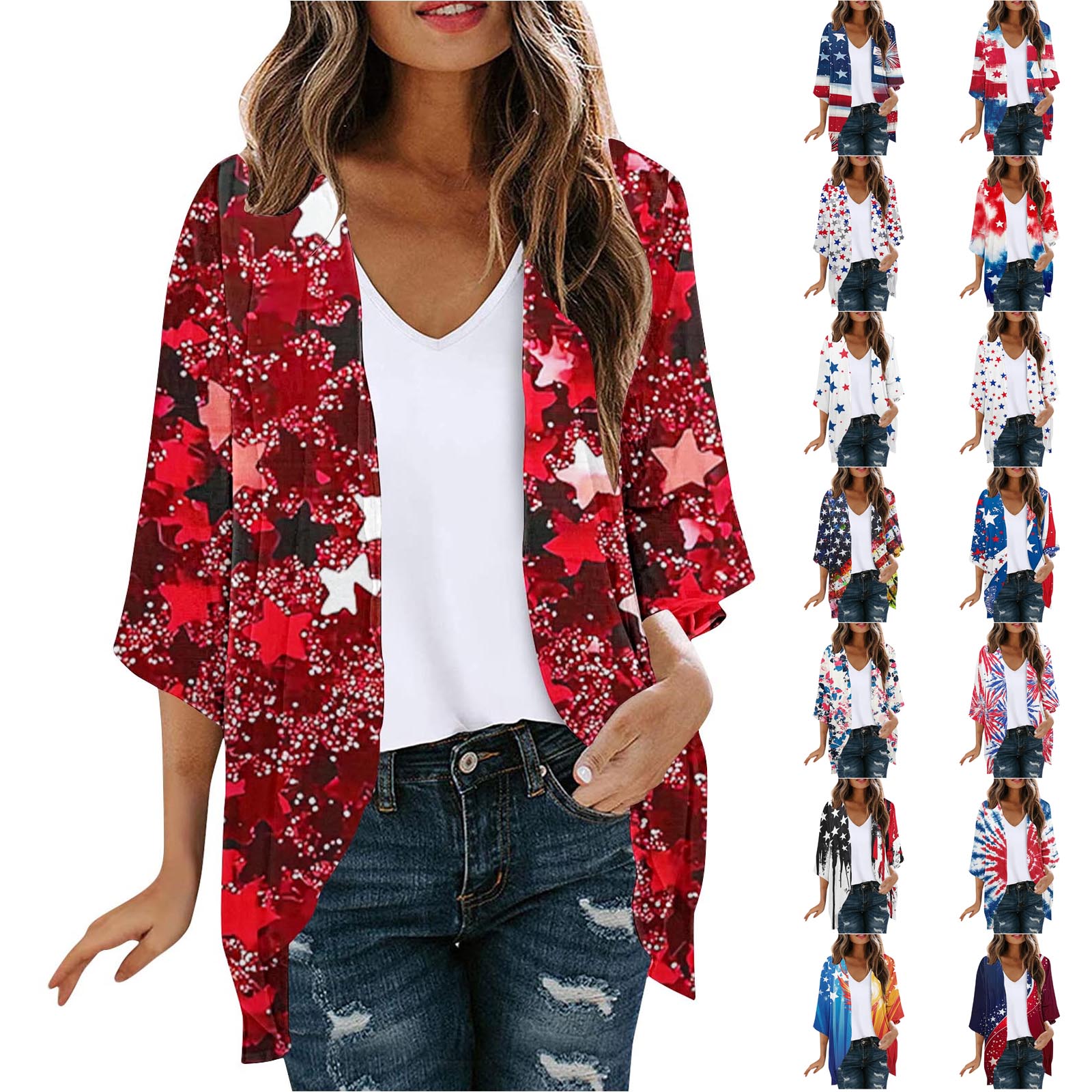 Otvok Women's Independence Day Sunscreen Fashionable Casual Printed 3/4 Sleeve Chiffon Cardigan Tops