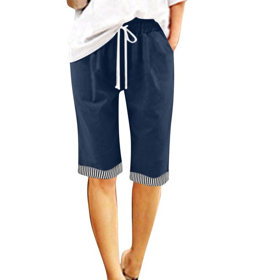 Knee Length Linen Shorts for Women Dressy Casual Striped Casual Summer Shorts Work Wide Leg Bermuda Bottoms Navy, 3XL