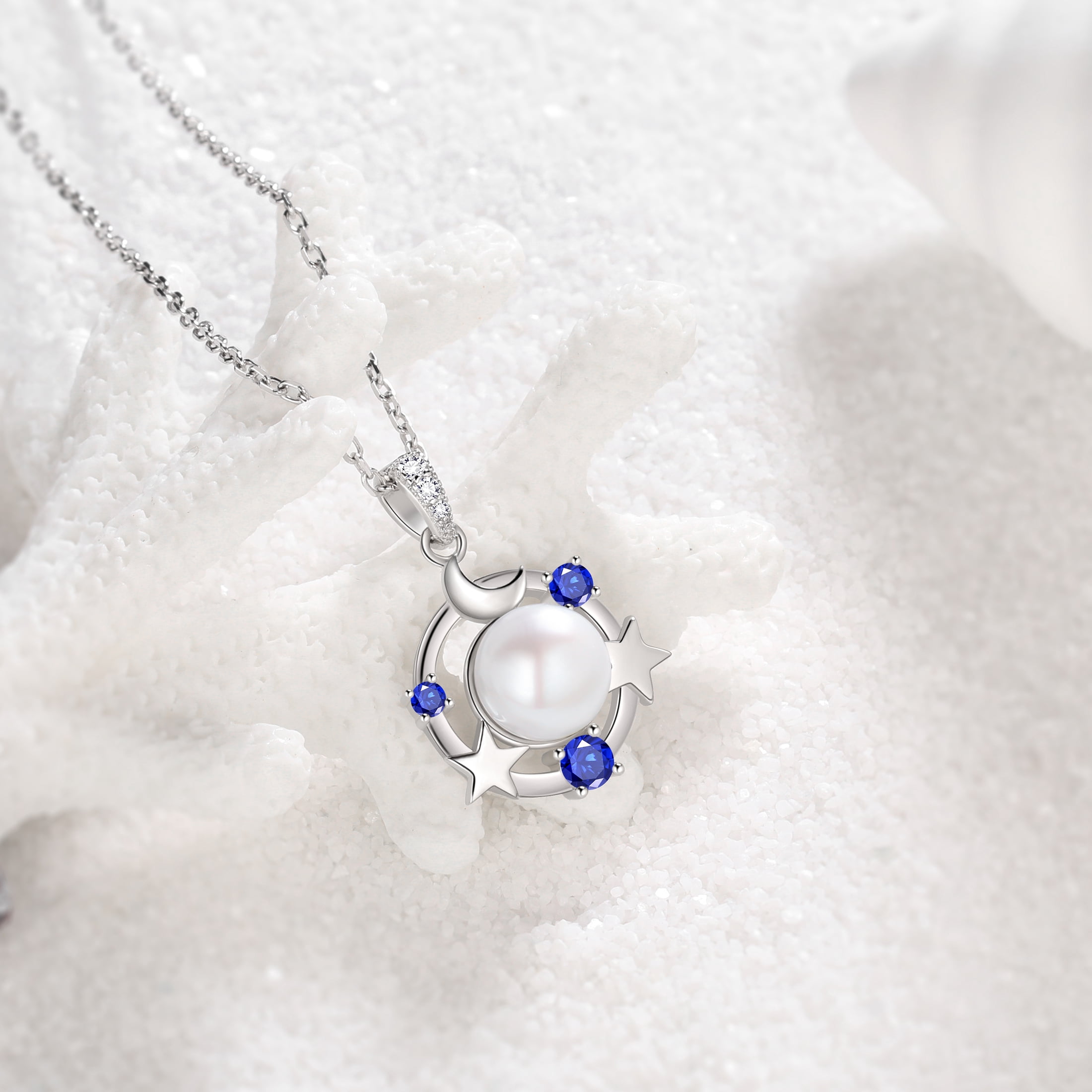 Beautlace 925 Sterling Silver Moon Star Birthstone Necklace,Natural Pearl Pendant Necklace Jewelry,Birthday Christmas Anniversary Gift for Women/Mom/Wife