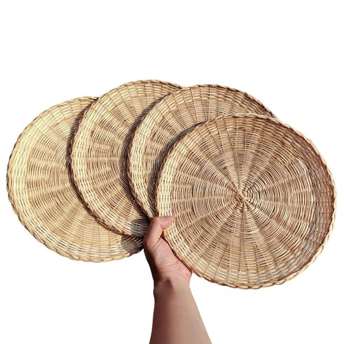 12in Handmade Wicker Paper Plate Holders Reusable Bamboo Heavy Duty Charger Plates Wicker Plate Holders for Paper Plates,Set of 4 for Picnic Home Party Daily Dinning and Wall Decoration
