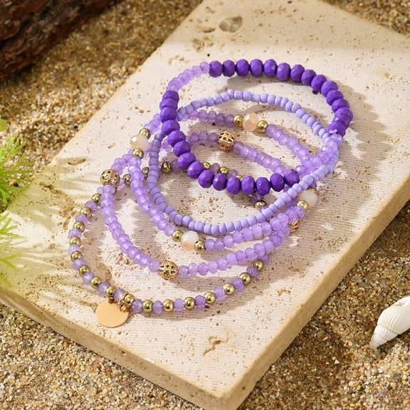 Boho Bead Bracelet Stack 5 Colorful Elastic Bracelets with Gold Coin Charms Stackable Trendy Summer Jewelry for Women(Christmas gift)