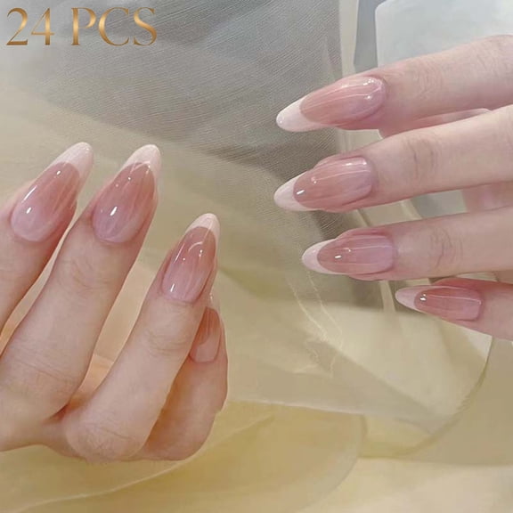 French Tip Press-On Nails, Almond,Pink,Medium Length, 24 Count