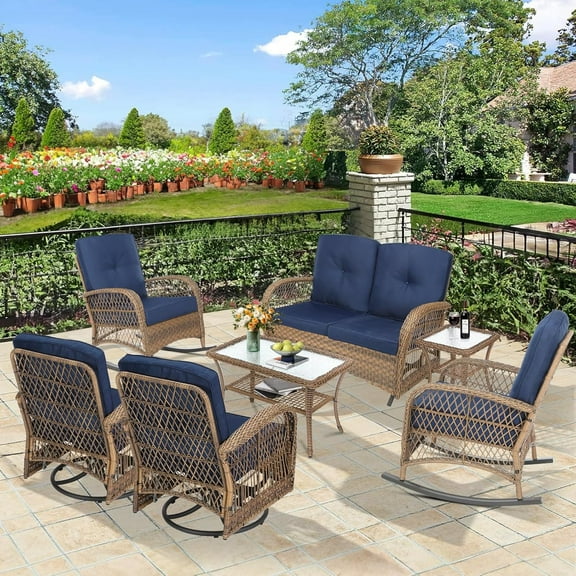 7 Pieces Outdoor Wicker Patio Furniture Set, All Weather Patio Conversation Cushioned Sectional Sofa Set with Glider Loveseat/2 Rocking Chairs/2 Swivel Rockers/2 Glass Coffee Table, Navy
