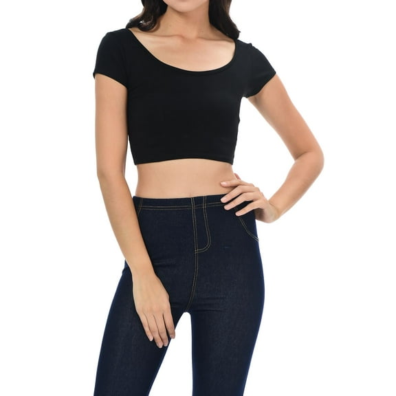 Womens Trendy Solid Color Basic Scooped Neck and Back Crop Top Black Medium