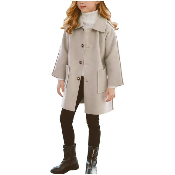 Gfyviroh Kids Girls Woolen Coats Solid Color Turn Down Collar Button Jackets Casual Long Sleeve Trench Coats with Pockets,4-14 Y