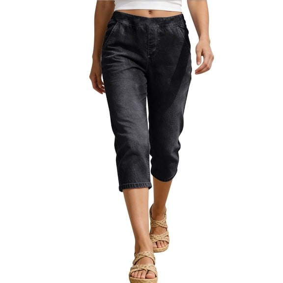 Women's Denim Capris Low Waist with Two Pockets Stretchy Casual Fitness Cropped Pants,Black_XL