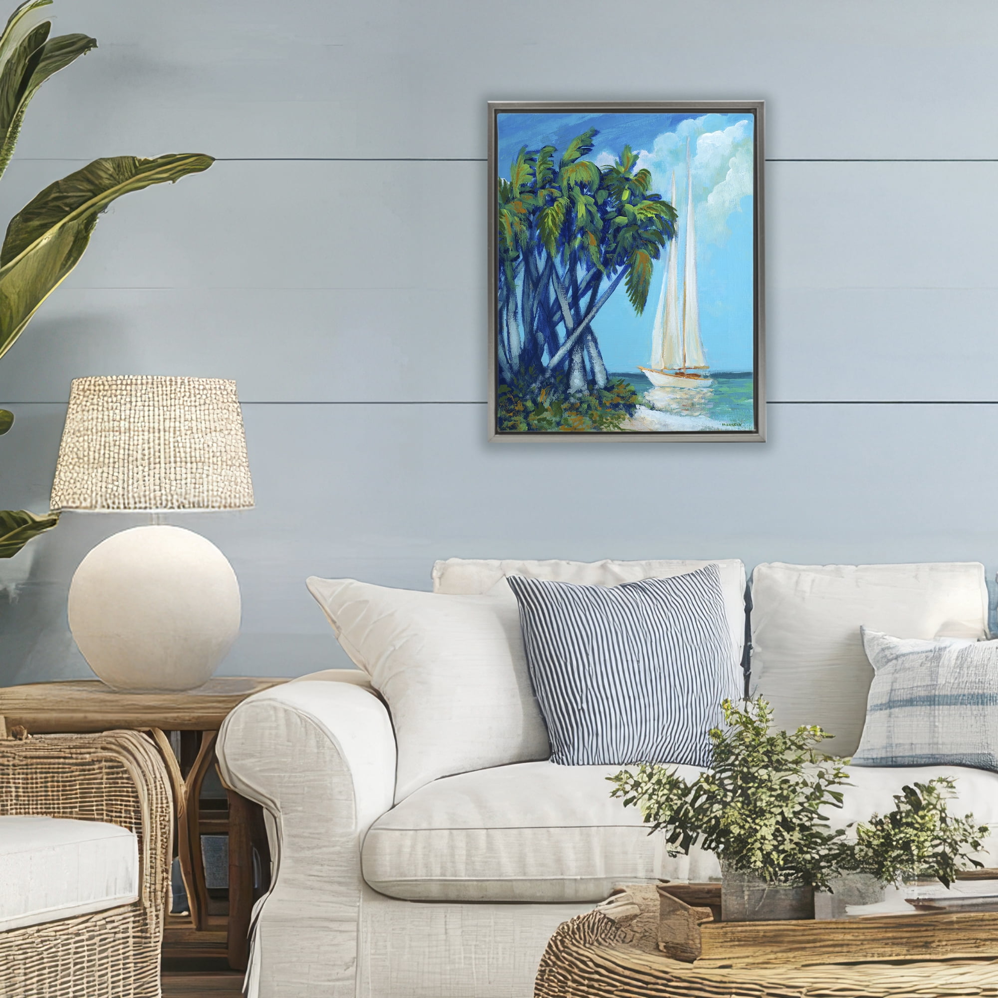 Stupell Industries Sailboat & Twisted Palms Gray Framed Floater Canvas Wall Art, design by Dan Meneely