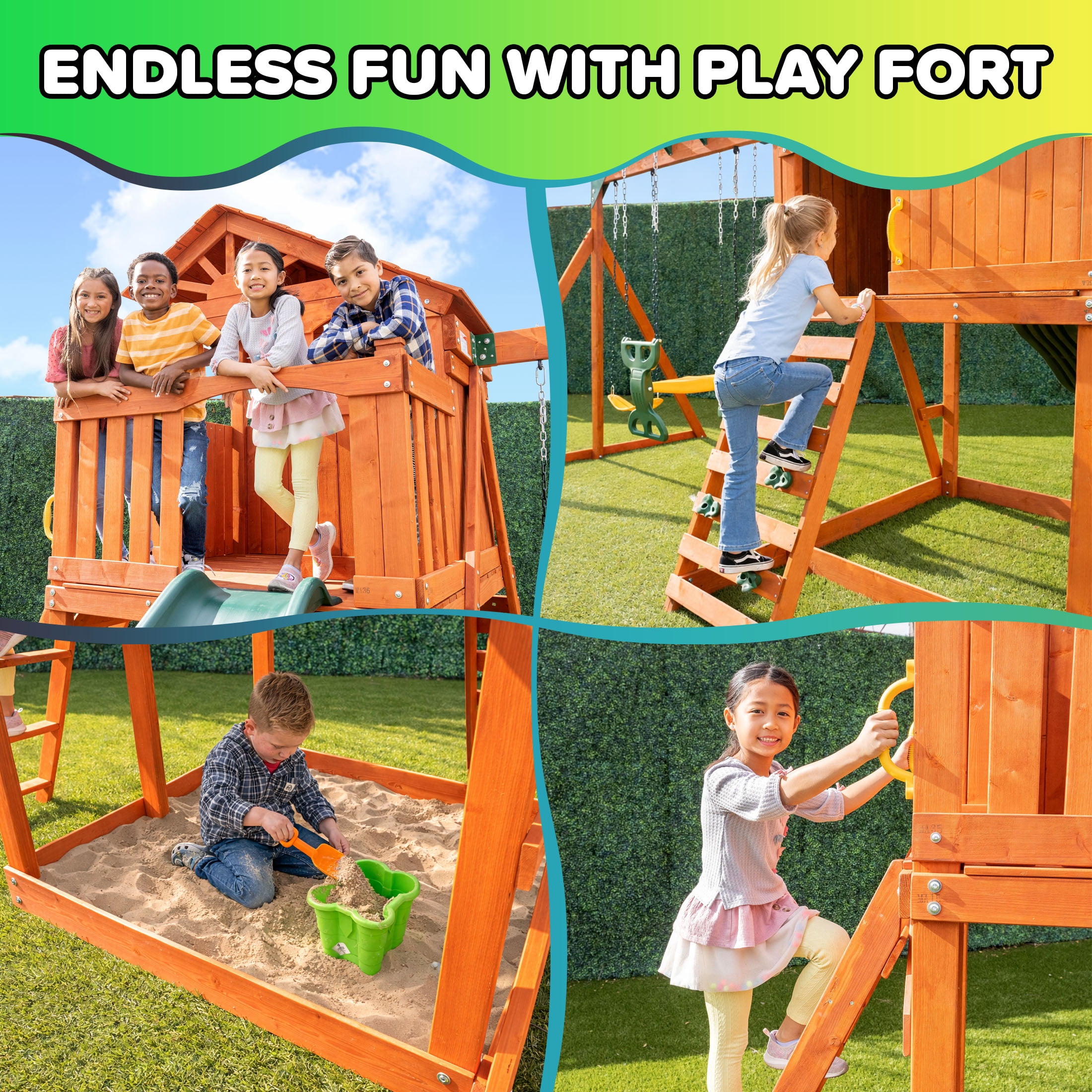 Sportspower Blue Ridge Wooden Swing Set with Roofed Clubhouse & Balcony, 2 Belt Swings, 2-Person Roman Glider, 8ft Slide, Sandbox, Rock Climber, FREE Anchors Included