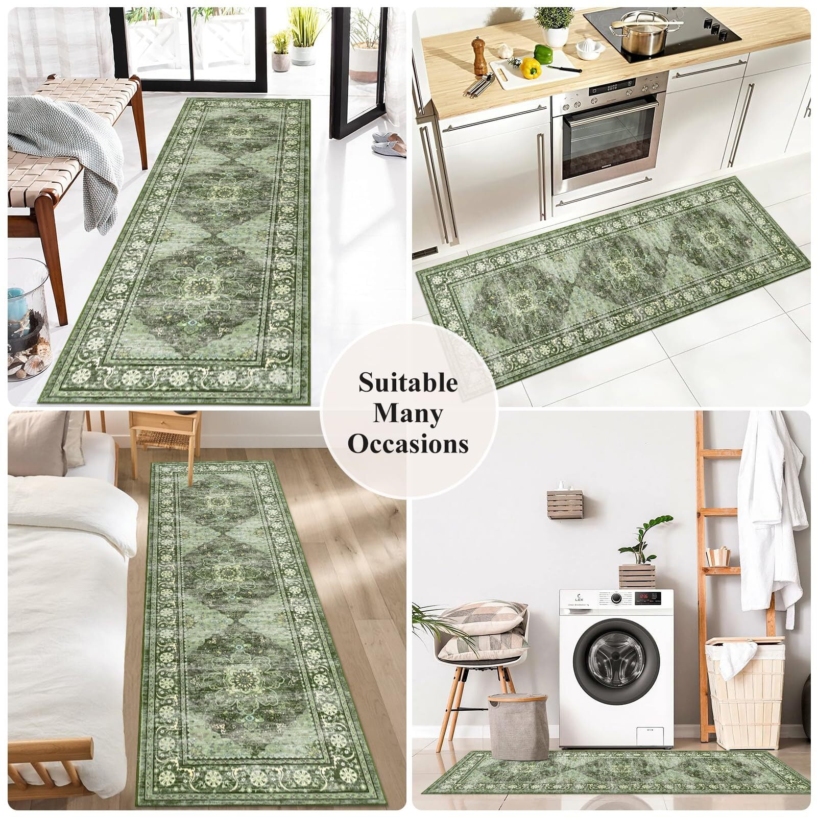 Findosom 2'x6' Runner Rugs for Hallway Machine Washable Runners Rug,Vintage Runner Rug Non Slip Kitchen Runner Rug Medallion Carpet Runner for Bedroom Laundry Entrance,Green