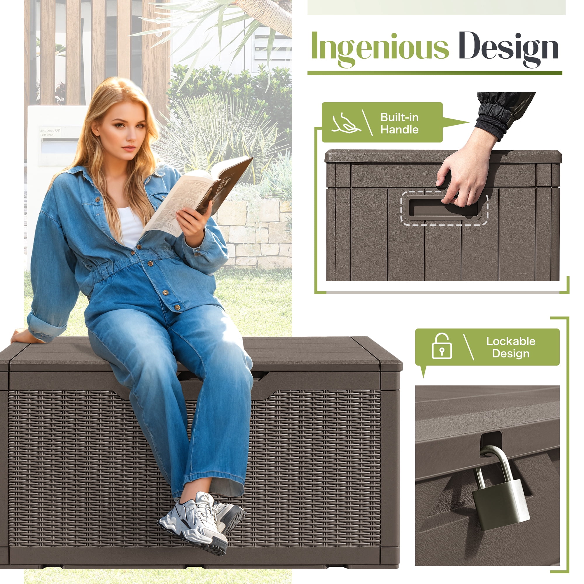 Vineego 100 Gallon Resin Deck Box,Indoor Outdoor Lockable Storage Containe,Upgraded,Dark Brown