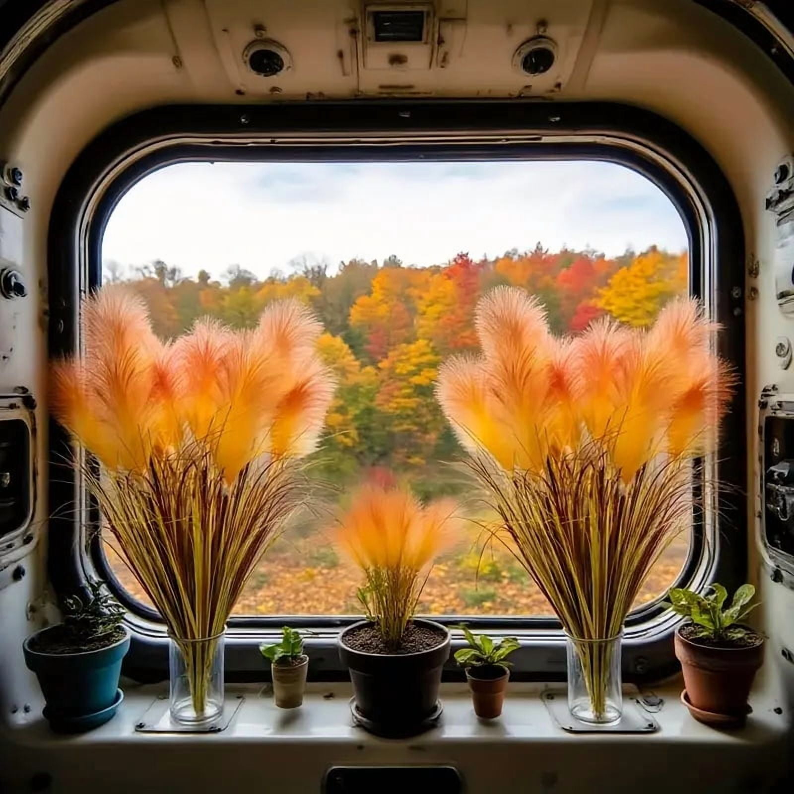 2 pieces artificial imitation reed flowers, autumn harvest large orange yellow reed flowers with onion grass, 31.50 inches high dry feathery stems, maintenance-fre,e indoor/outdoor decoration