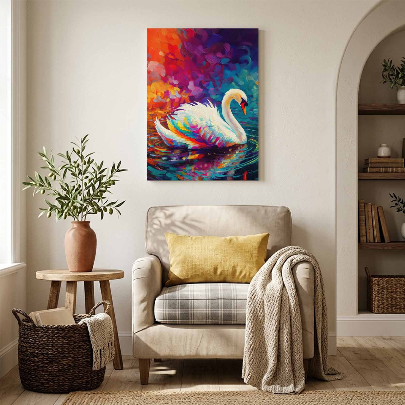 Swan Canvas Wall Art for Living Room, Ripples Colorful Reflection