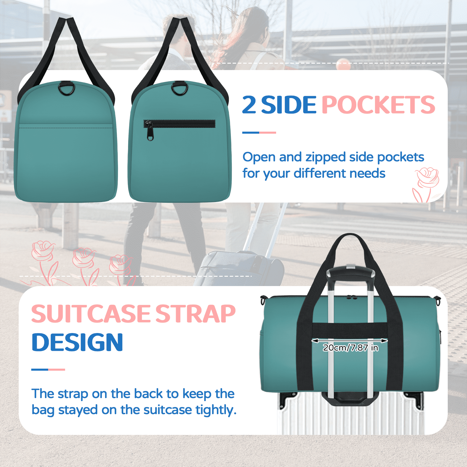 Herdesigns Darkcyan Travel Duffle Bag Sports Yoga Weekender Overnight Carry on Workout Bags Lightweight Waterproof Gym Tote Bag for Women