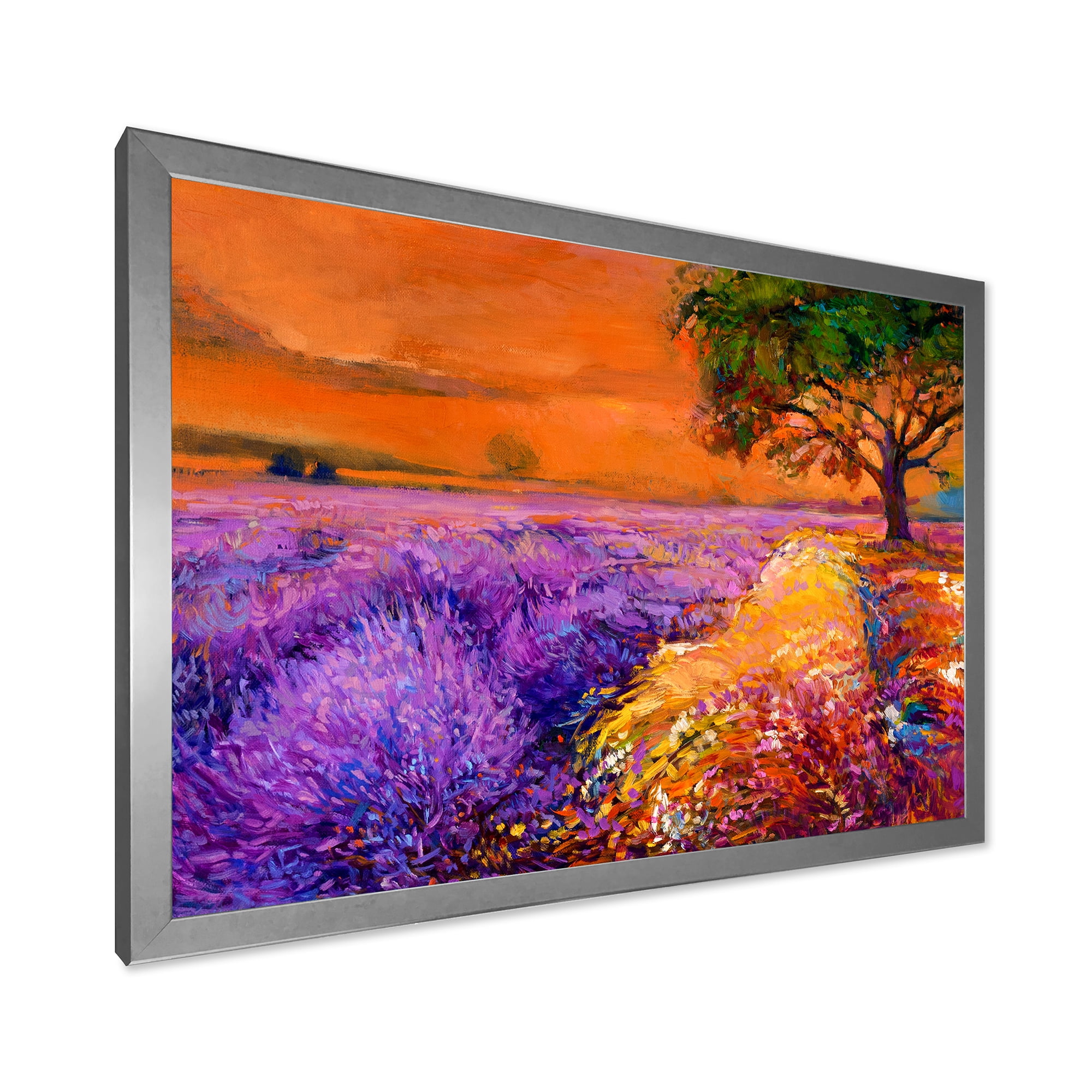 Designart 'An Orange Sunset Over Purple Lavender Fields II' Farmhouse Framed Art Print