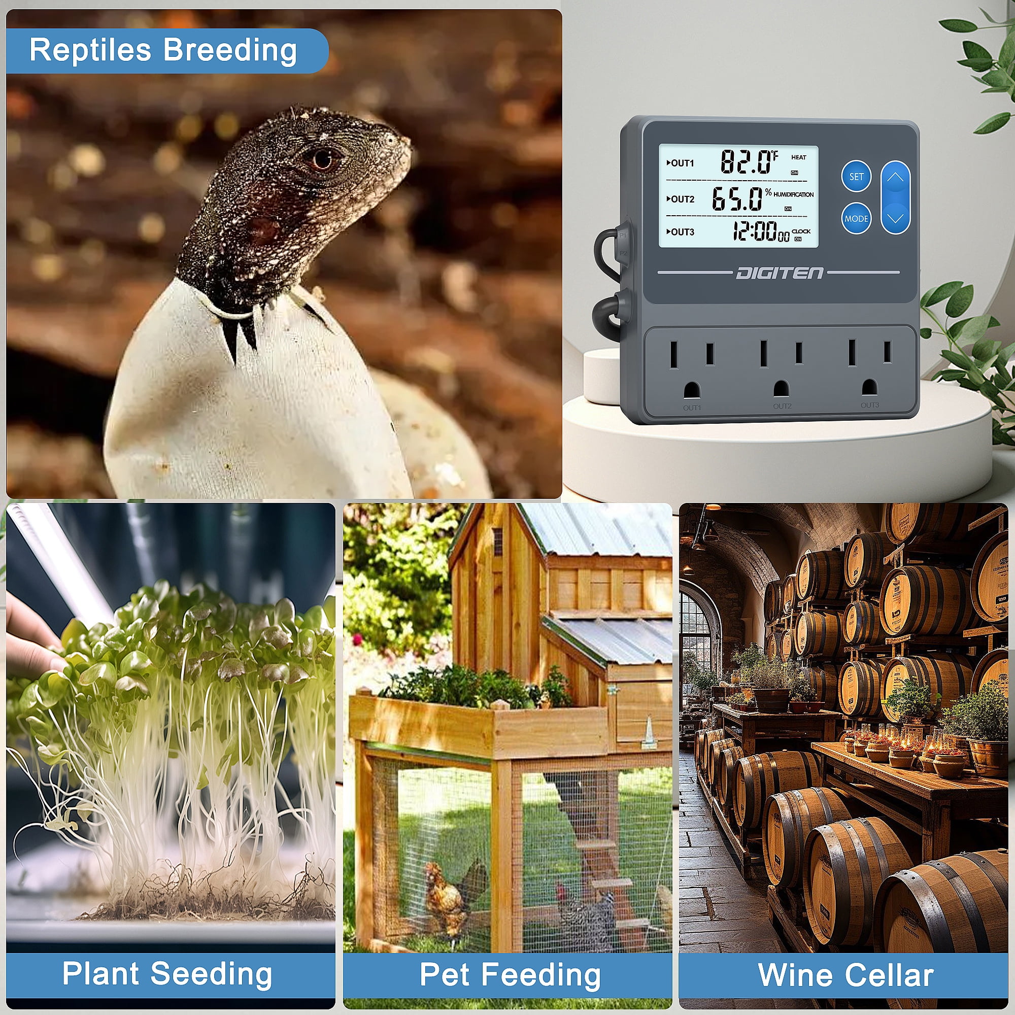 DIGITEN Reptile Temperature and Humidity Controller with Timer Outlet, Day-Night Function Thermostat, 3-Stage Outlet Plug in Temperature Controller for Reptile, Mushroom, Greenhouse