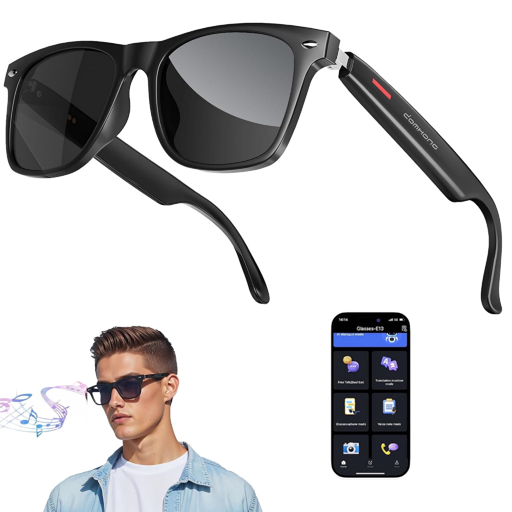 Pecham AI Translation Smart Glasses, Bluetooth Audio Sunglasses with Voice Assistant, Real-Time Translation, Multifunctional Smart Glasses for Men Woman - Black